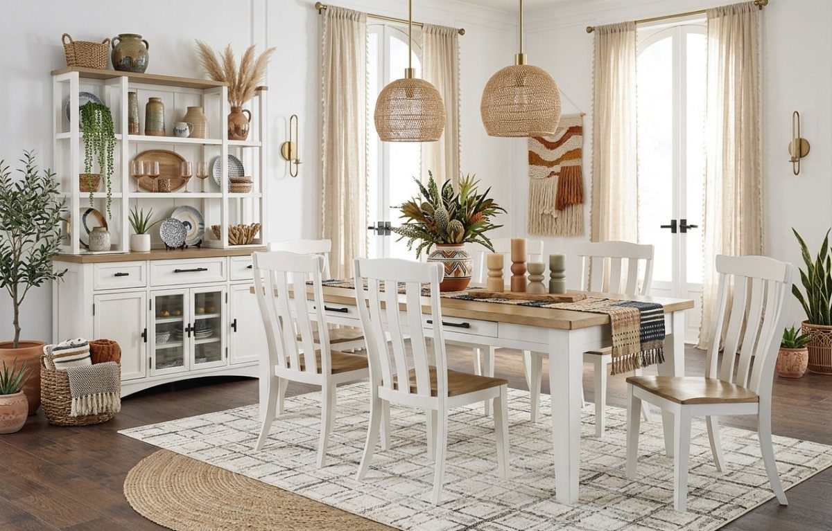 White wooden dining table and six matching chairs in a bright farmhouse room.