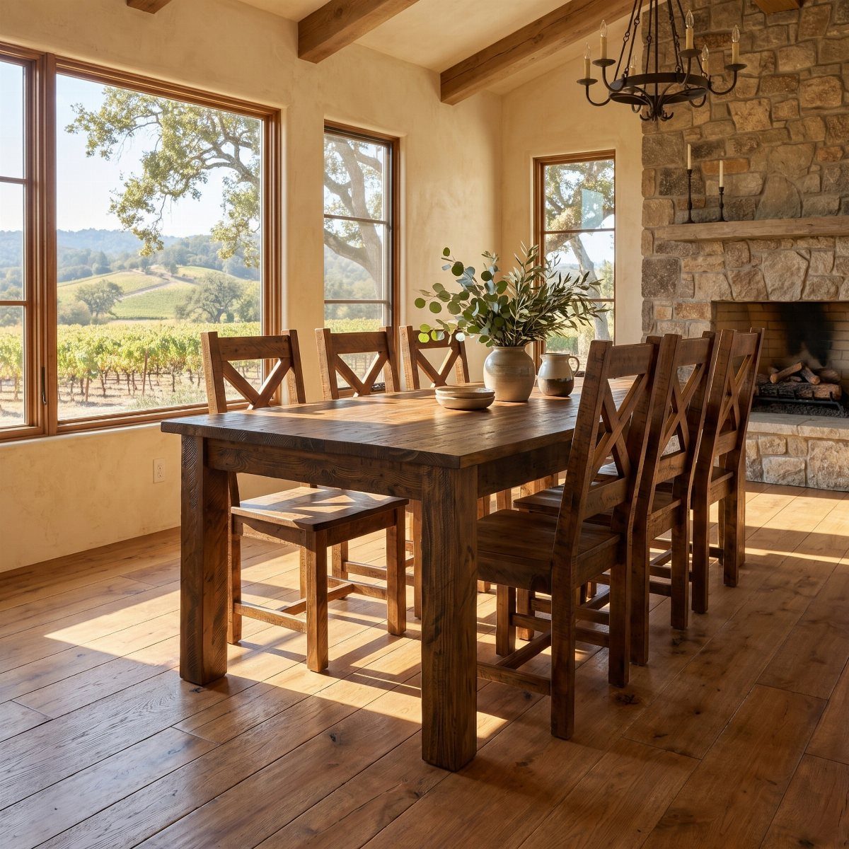 Wooden dining table and six X-back chairs in a rustic room with vineyard views.