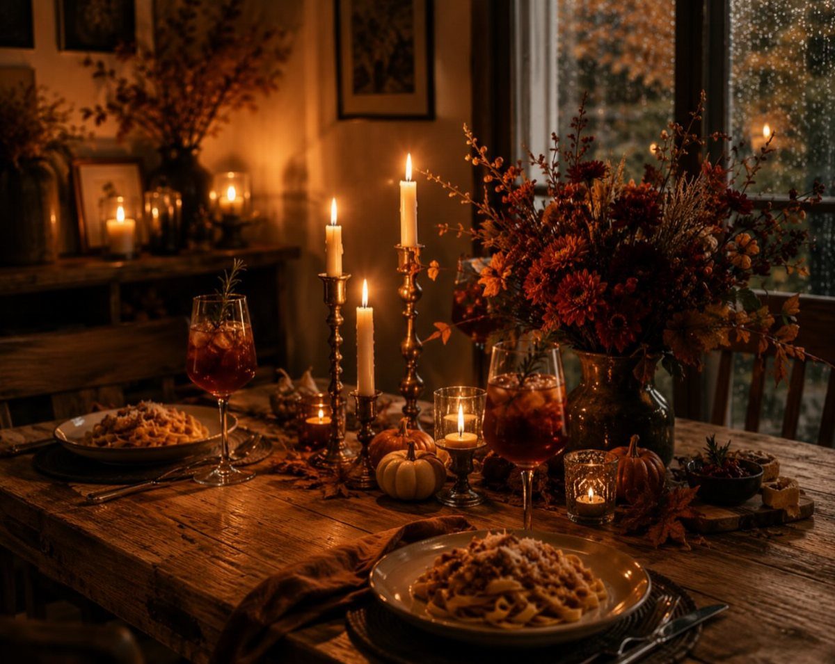 18 Autumn Dining Room Decor Ideas for a Warm and Inviting Space 5 Rustic autumn dining table with lit candles, pasta, wine, and orange floral arrangements.
