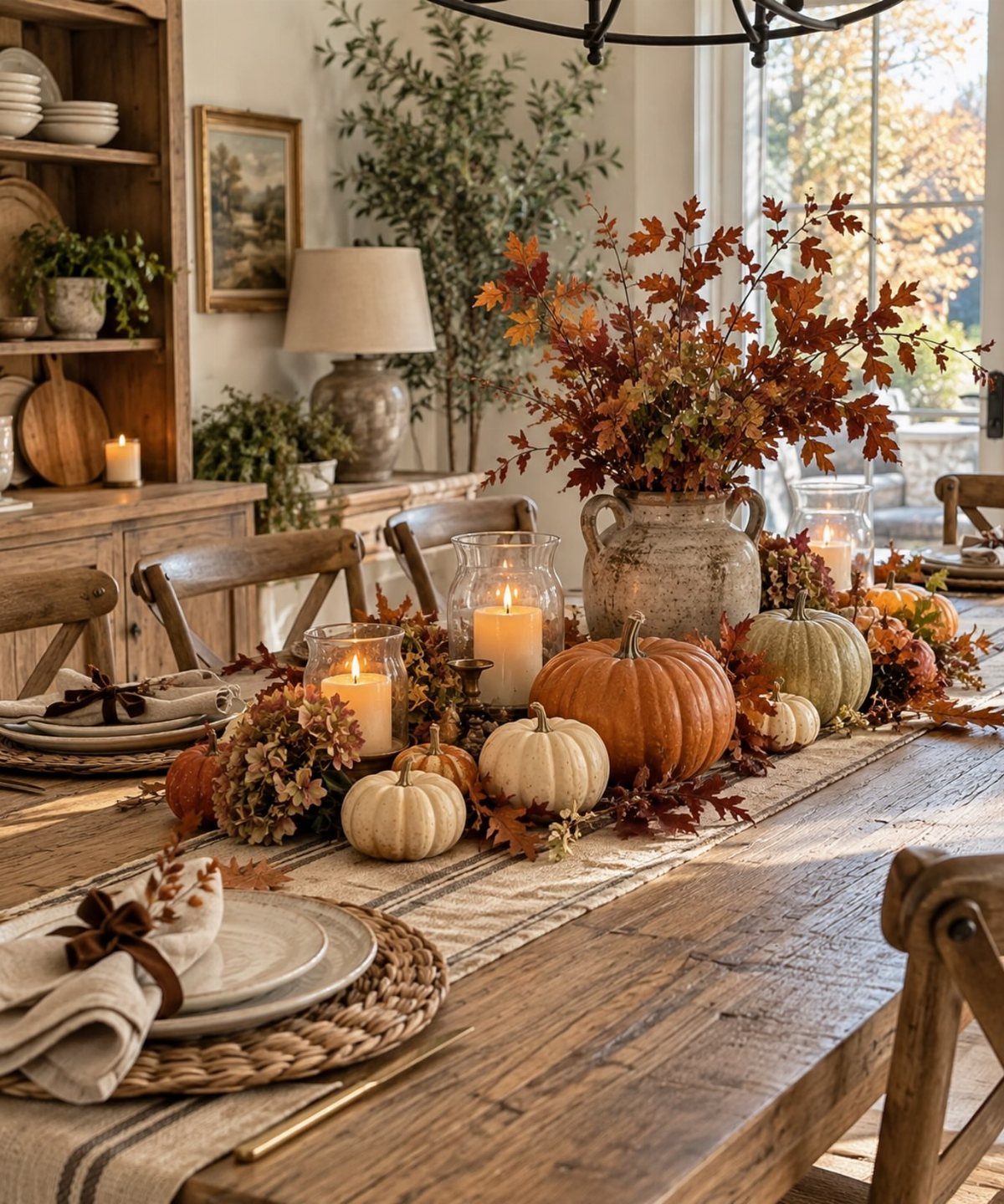 18 Autumn Dining Room Decor Ideas for a Warm and Inviting Space 7 Rustic wooden dining table decorated with pumpkins, autumn leaves, and candles for fall.