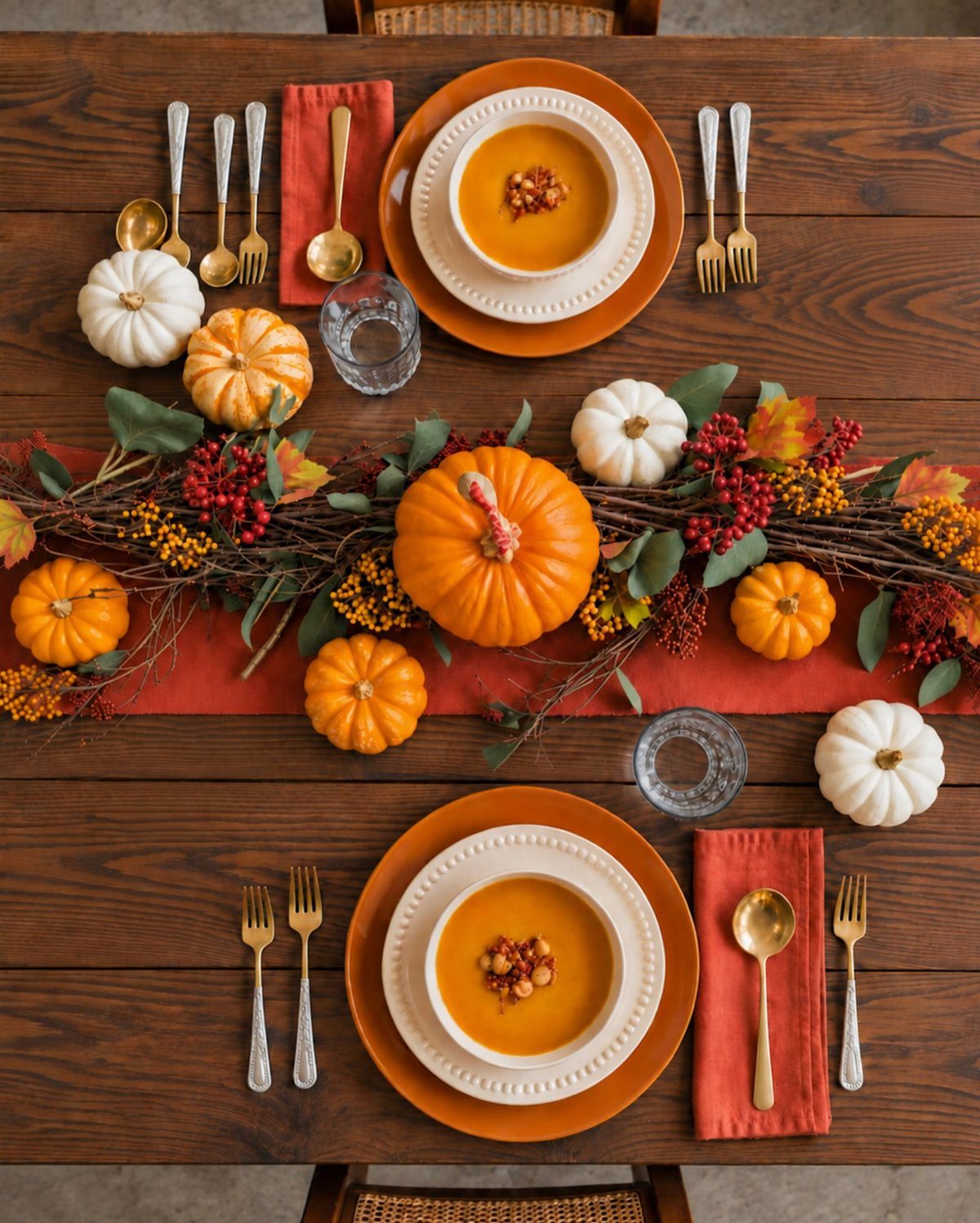18 Autumn Dining Room Decor Ideas for a Warm and Inviting Space 13 Autumn dining table setting with orange plates, pumpkins, and a red berry centerpiece.