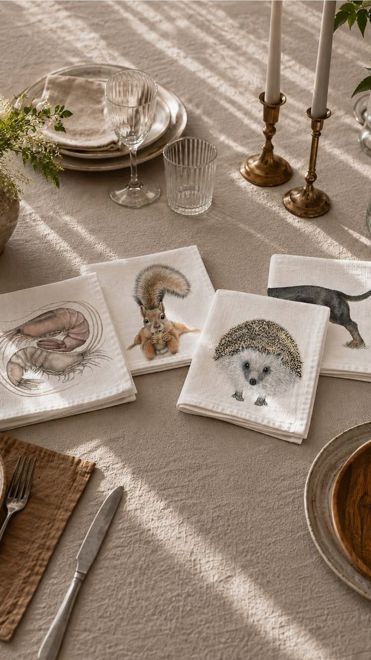 18 Autumn Dining Room Decor Ideas for a Warm and Inviting Space 3 White linen napkins with animal illustrations on a beige dining table with brass candlesticks.