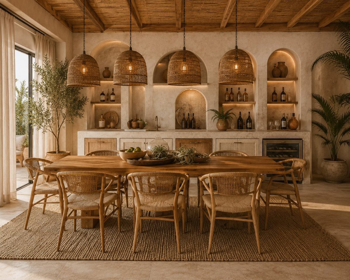 12 Bohemian Chic Dining Room Ideas for Effortless Style 11 Wooden dining table with woven chairs and pendant lights in a rustic bohemian room