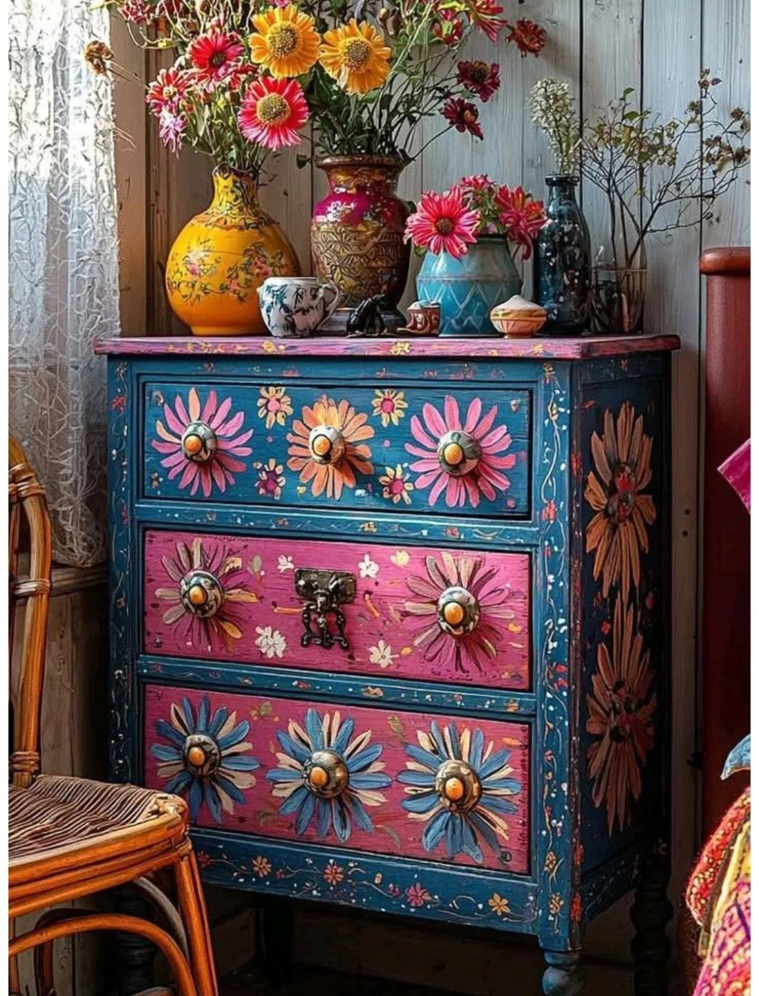 12 Bohemian Chic Dining Room Ideas for Effortless Style 6 Hand-painted colorful dresser with floral patterns and vases of bright flowers