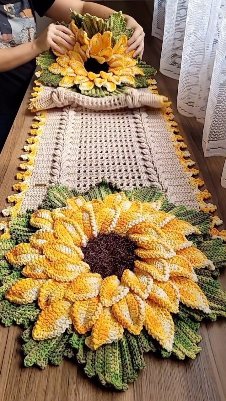 12 Bohemian Chic Dining Room Ideas for Effortless Style 4 Crocheted beige table runner with large sunflower placemats on a wooden table.