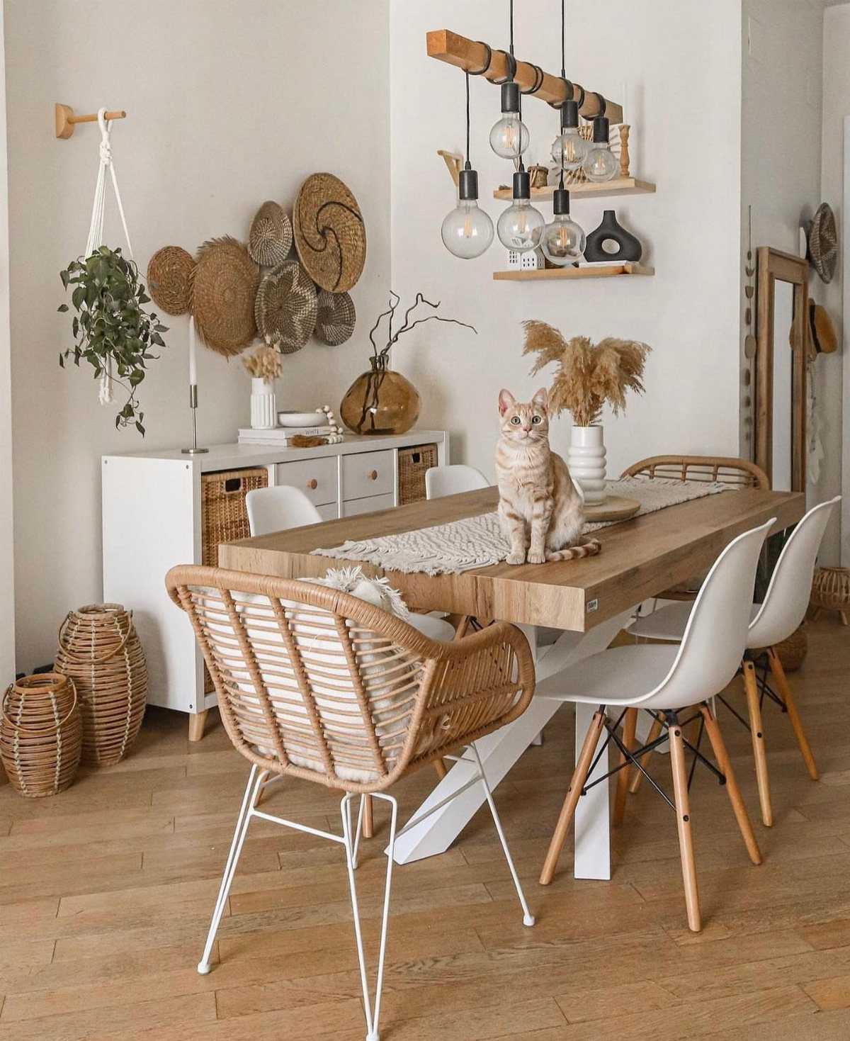 12 Bohemian Chic Dining Room Ideas for Effortless Style 10 Bohemian chic dining room with wooden table, wicker chairs, and woven wall decor.