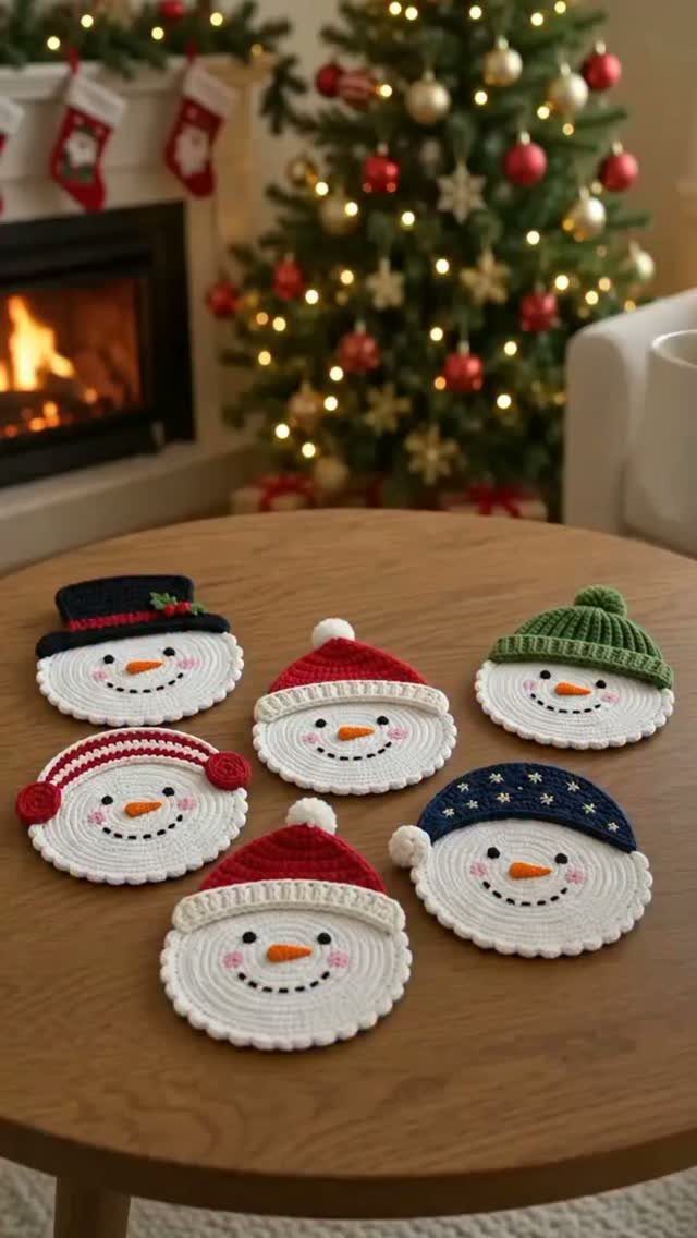 15 Christmas Coffee Table Decor Ideas for a Festive Home 9 Crocheted snowman coasters on a wooden coffee table with a Christmas tree background.