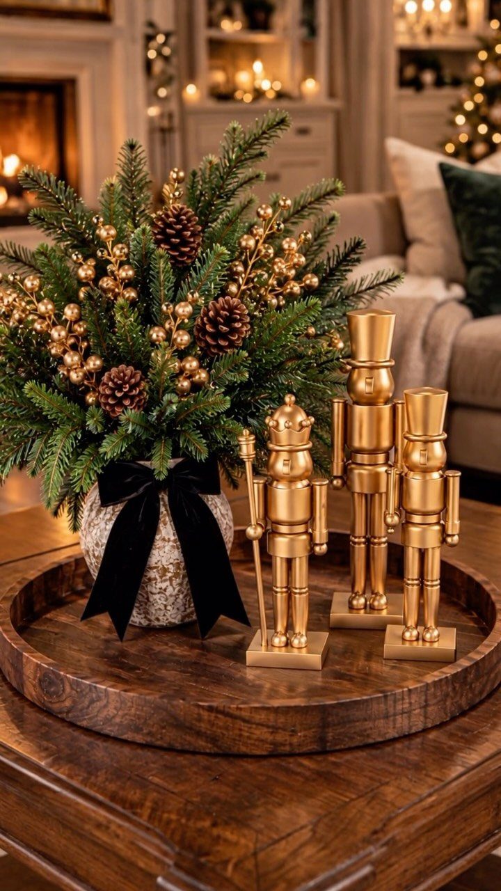 15 Christmas Coffee Table Decor Ideas for a Festive Home 10 Christmas coffee table decor with gold nutcrackers and a pine branch arrangement