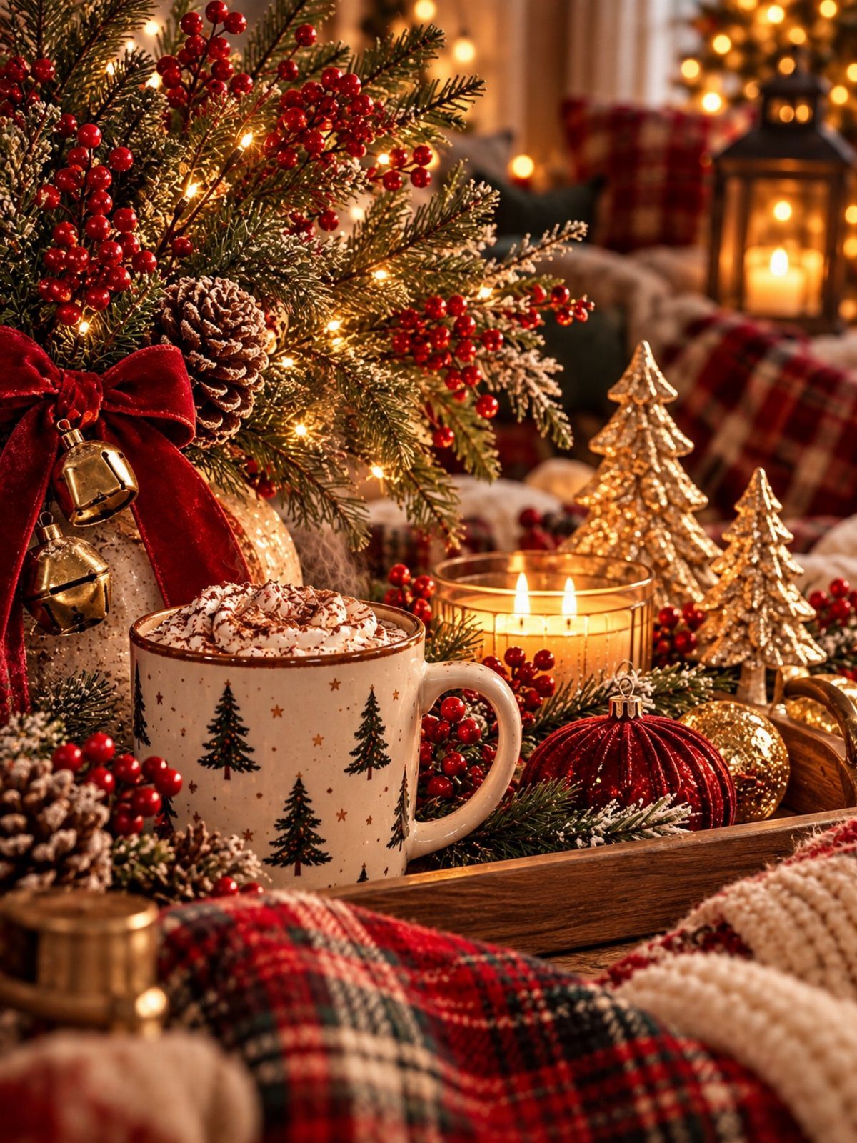 15 Christmas Coffee Table Decor Ideas for a Festive Home 7 Holiday tray with cocoa, gold glitter trees, lit candles, and red berries on plaid fabric.
