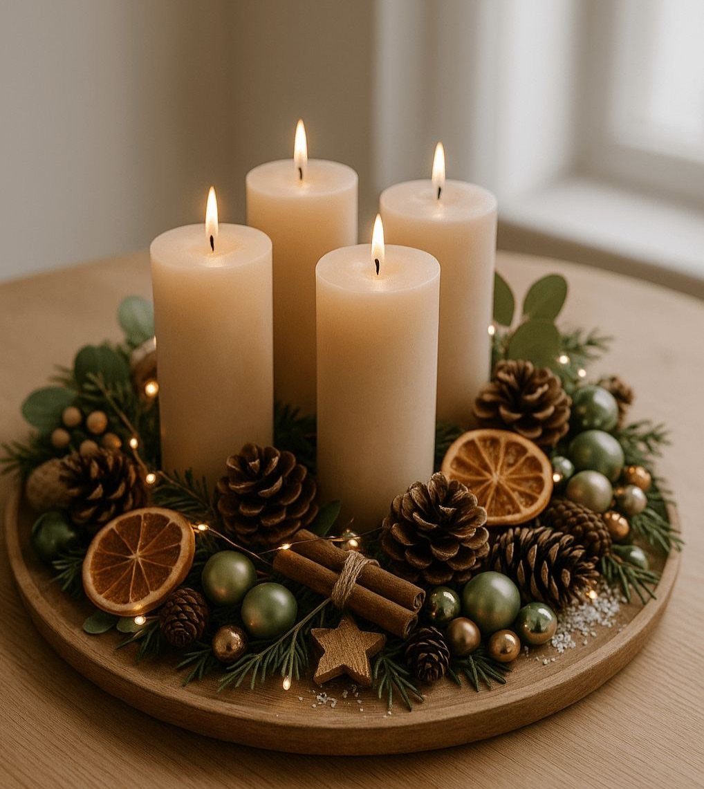 15 Christmas Coffee Table Decor Ideas for a Festive Home 5 Four lit pillar candles surrounded by a natural evergreen wreath with pinecones and oranges.