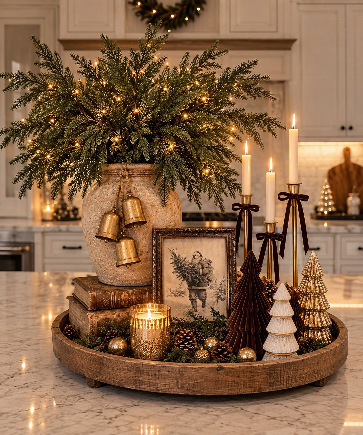 15 Christmas Coffee Table Decor Ideas for a Festive Home 3 Wooden tray with lit evergreen branches, gold bells, and miniature Christmas trees on marble.