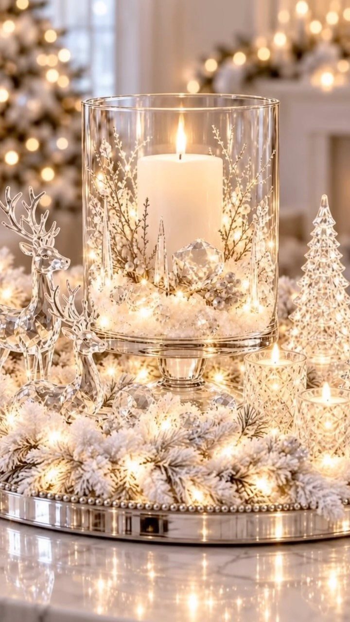 15 Christmas Coffee Table Decor Ideas for a Festive Home 15 Festive Christmas centerpiece with a lit candle, snowy greenery, and silver reindeer decorations.