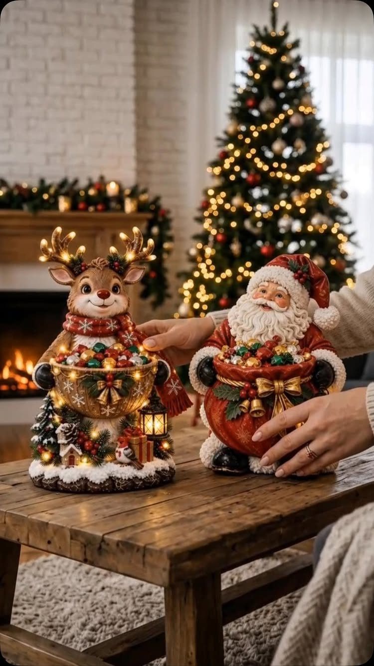 15 Christmas Coffee Table Decor Ideas for a Festive Home 12 Christmas reindeer and Santa figurines on a wooden coffee table with festive background