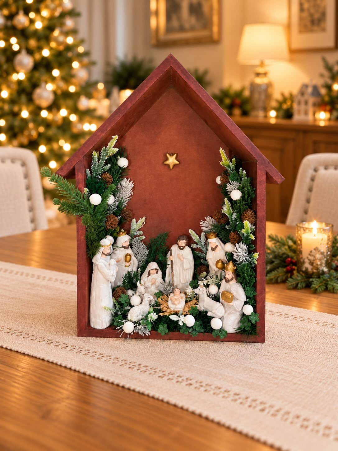 21 Christmas Decor Gift Ideas for the Holidays 7 Wooden house-shaped nativity set with white figurines and greenery on a dining table.