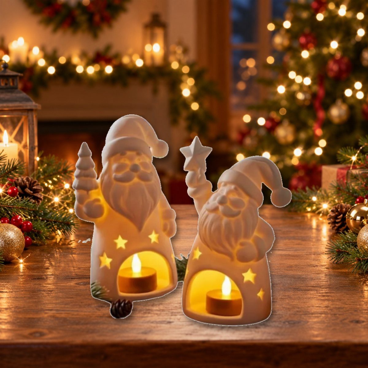 21 Christmas Decor Gift Ideas for the Holidays 19 Two white ceramic Santa figurines with tea lights on a festive wooden table.