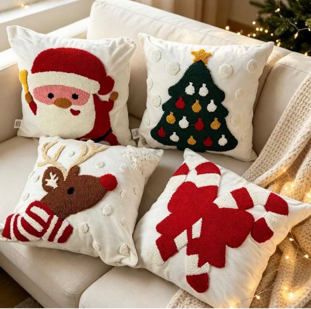 21 Christmas Decor Gift Ideas for the Holidays 11 Christmas themed tufted pillows and a cream textured throw blanket on a white sofa.