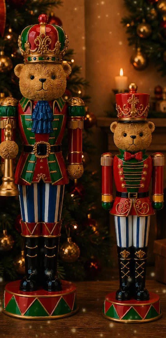 21 Christmas Decor Gift Ideas for the Holidays 15 Two teddy bear nutcrackers in royal uniforms standing before a lit Christmas tree.