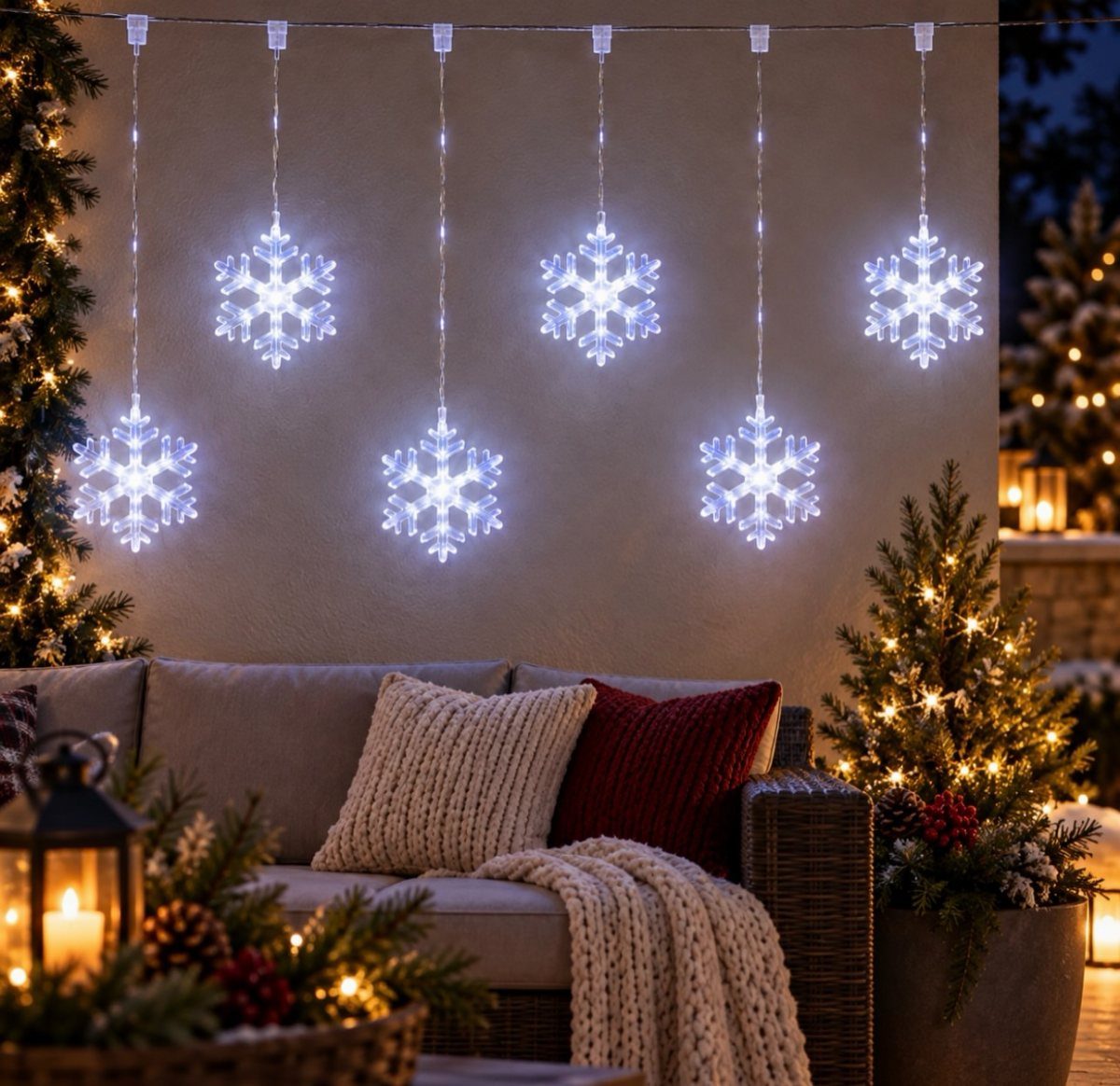 17 Christmas Decor Ideas with White for a Serene Home 3 Glowing white snowflake ornaments hanging above a cozy outdoor sofa with Christmas trees.