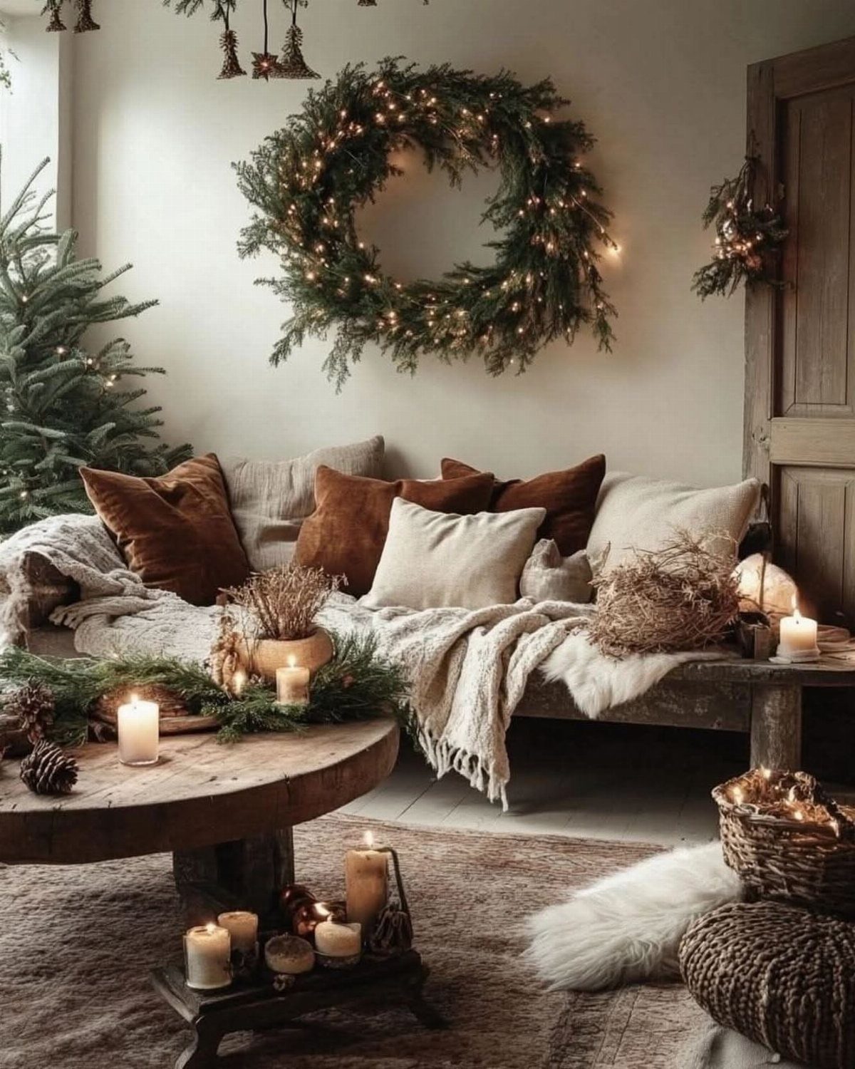 17 Christmas Decor Ideas with White for a Serene Home 5 Cozy living room with white knit throw, faux fur rug, and Christmas decorations