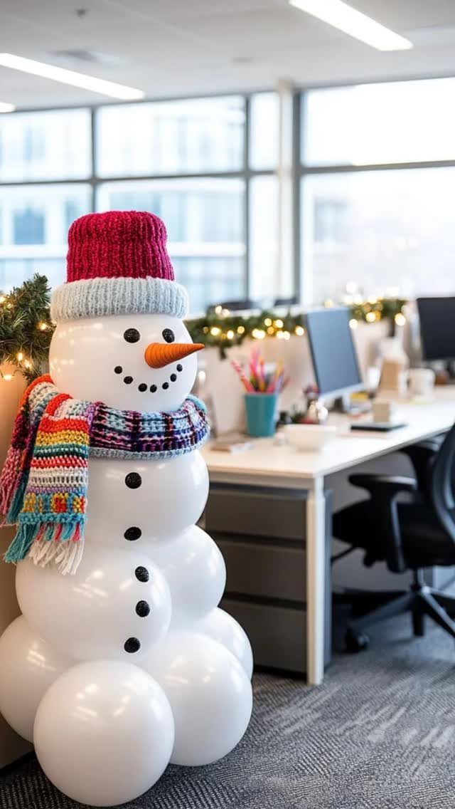16 Christmas Decorations for Office Spaces That Shine 9 Balloon snowman with red hat and colorful scarf in a modern office setting