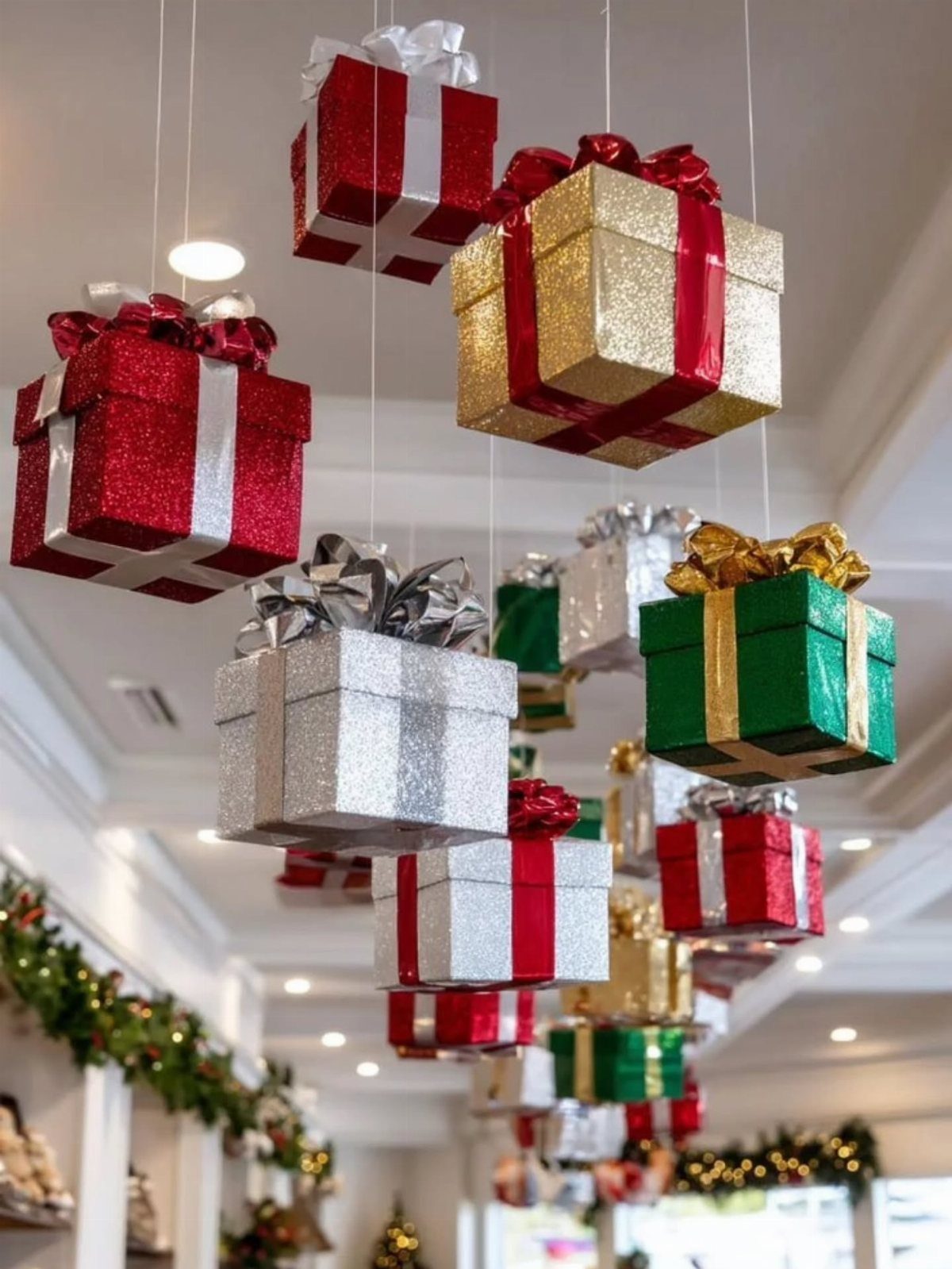 16 Christmas Decorations for Office Spaces That Shine 10 Hanging red, gold, and green wrapped gift boxes suspended from a white ceiling.