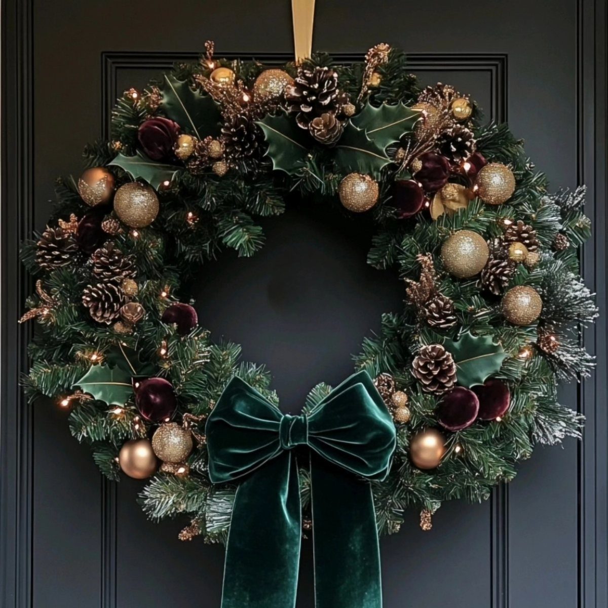 16 Christmas Decorations for Office Spaces That Shine 12 Christmas wreath with gold ornaments and green velvet bow on a dark door