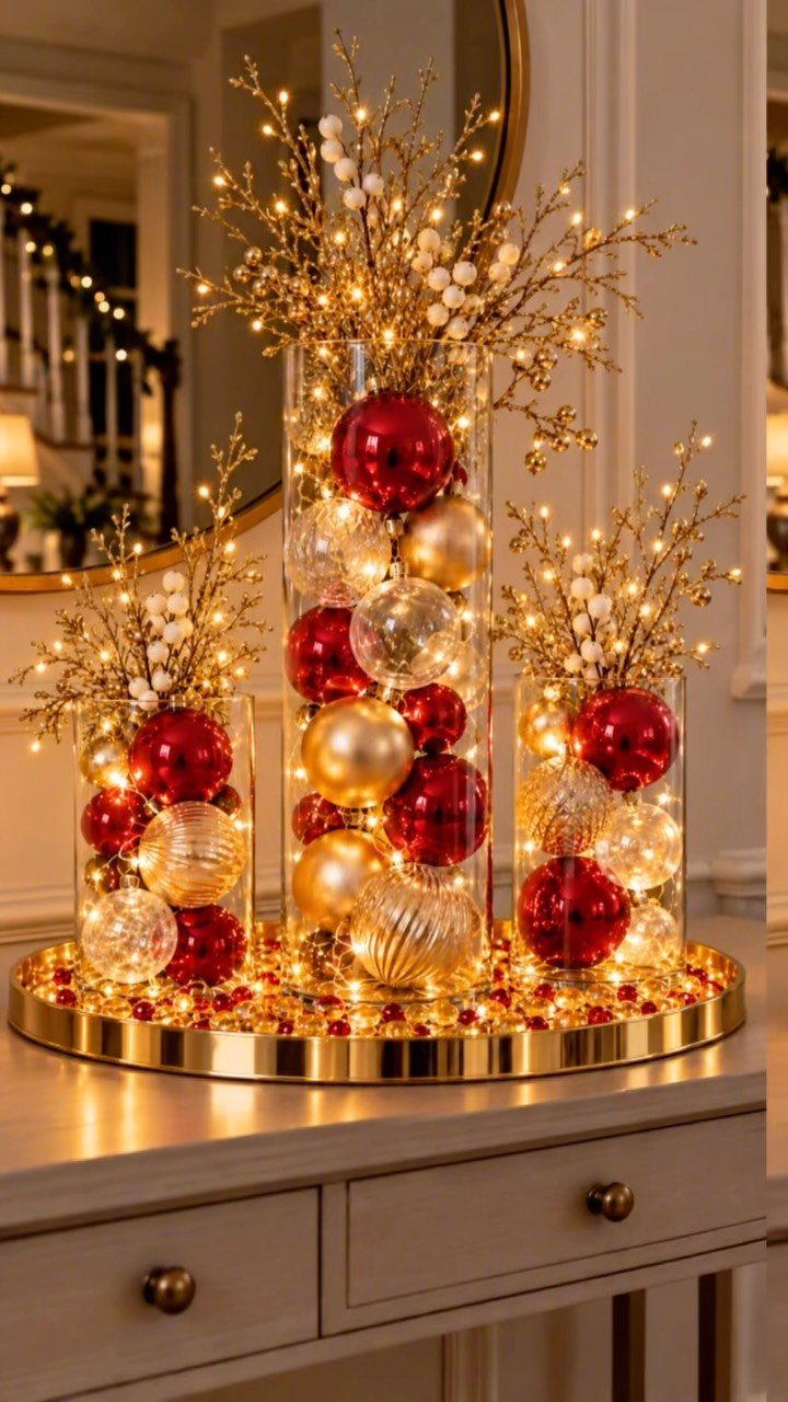 16 Christmas Decorations for Office Spaces That Shine 11 Glass cylinders filled with red and gold ornaments and sparkling branches on a table.