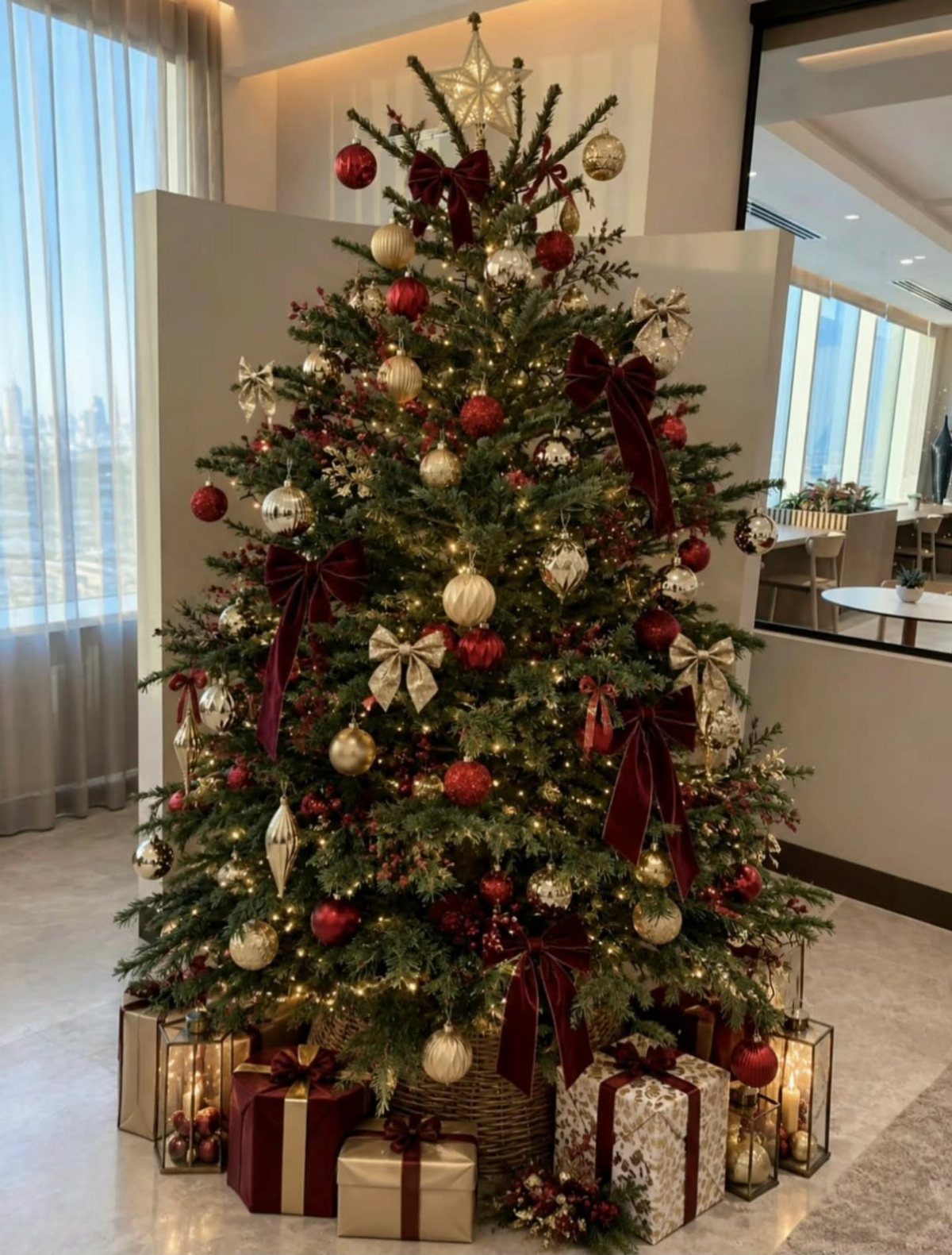 16 Christmas Decorations for Office Spaces That Shine 5 Decorated Christmas tree with red and gold ornaments and gifts in a modern office.