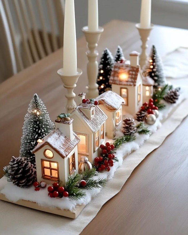 16 Christmas Decorations for Office Spaces That Shine 7 Miniature Christmas village with lit houses and frosted trees on a wooden table.