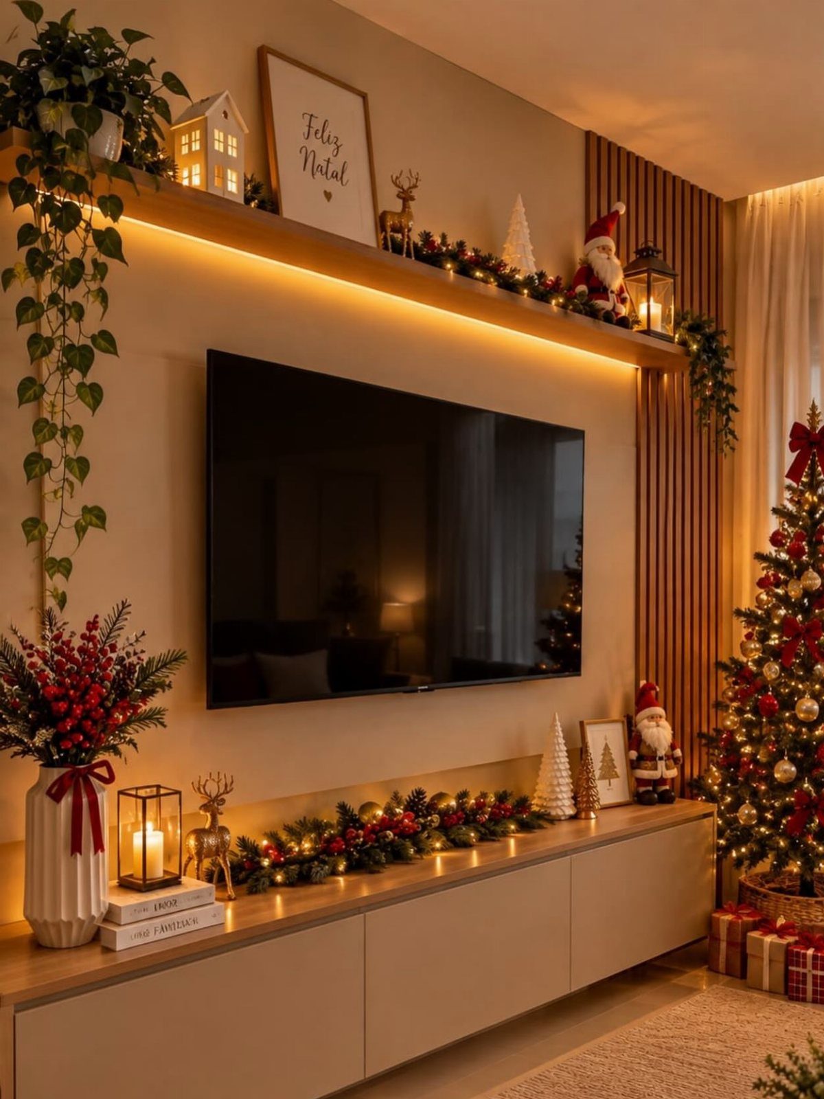 Living room wall with television and shelves decorated with Christmas garlands and figurines.