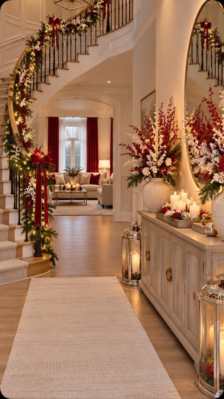 Christmas decorated staircase and living room with red garlands, white flowers, and candles.
