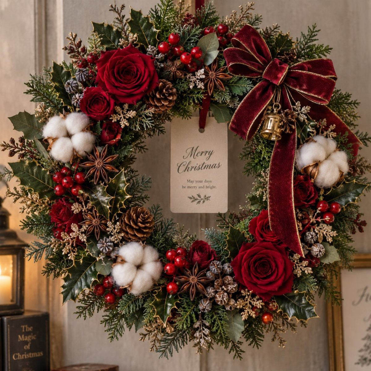 Christmas wreath with red roses, cotton bolls, and a red velvet bow.