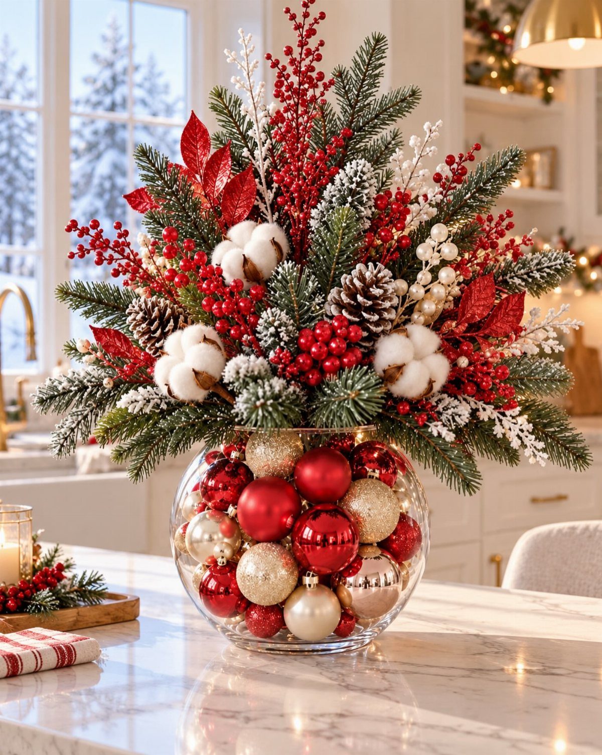 Festive red and green floral arrangement with ornaments in a glass bowl on marble.