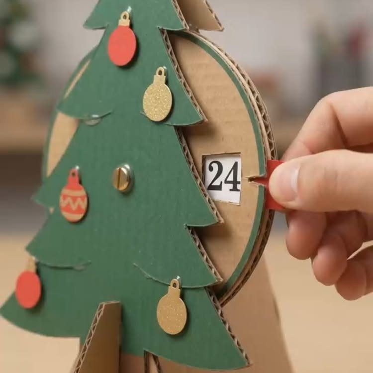 20 Christmas Decorations to Make at Home in 2026 6 Cardboard Christmas tree advent calendar with a hand opening door number twenty-four.