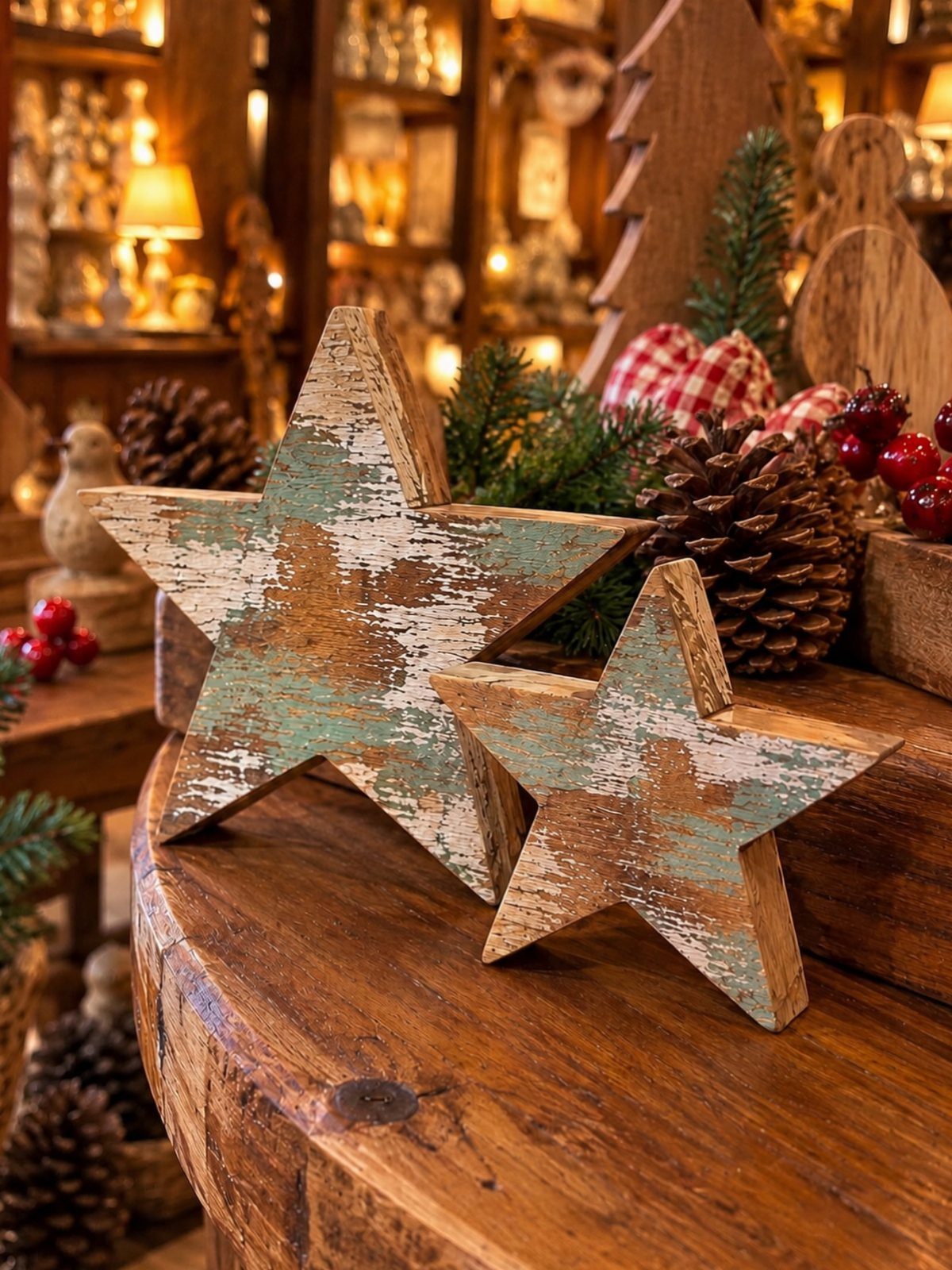 20 Christmas Decorations to Make at Home in 2026 3 Two rustic wooden stars with distressed paint on a wooden table with pinecones.