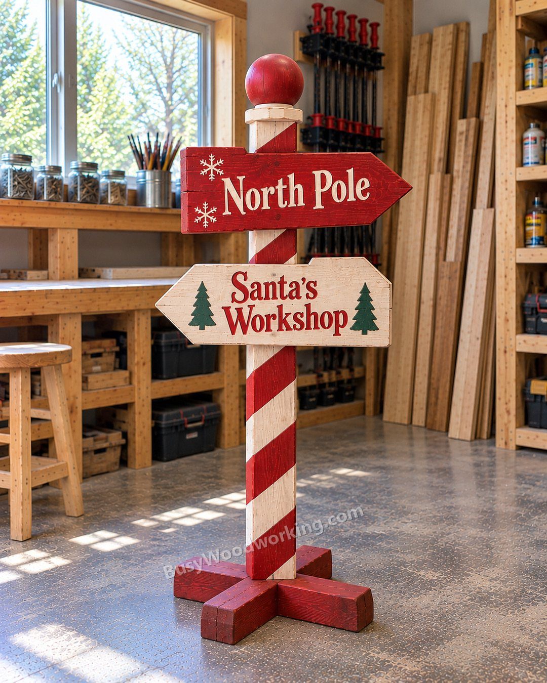 20 Christmas Decorations to Make at Home in 2026 12 Red and white striped wooden signpost pointing to North Pole and Santa's Workshop.
