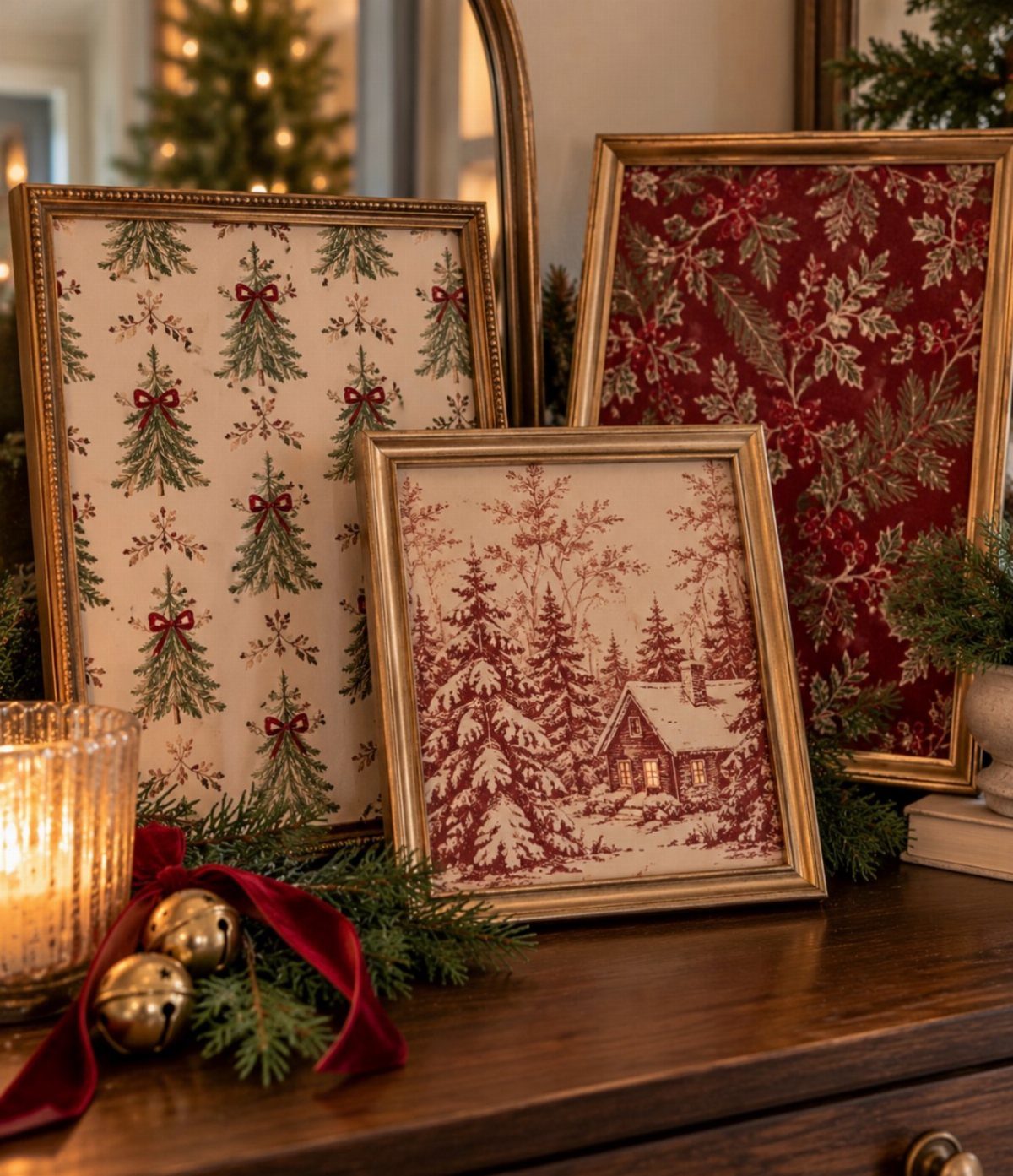 20 Christmas Decorations to Make at Home in 2026 15 Gold picture frames filled with Christmas wrapping paper patterns on a wooden table