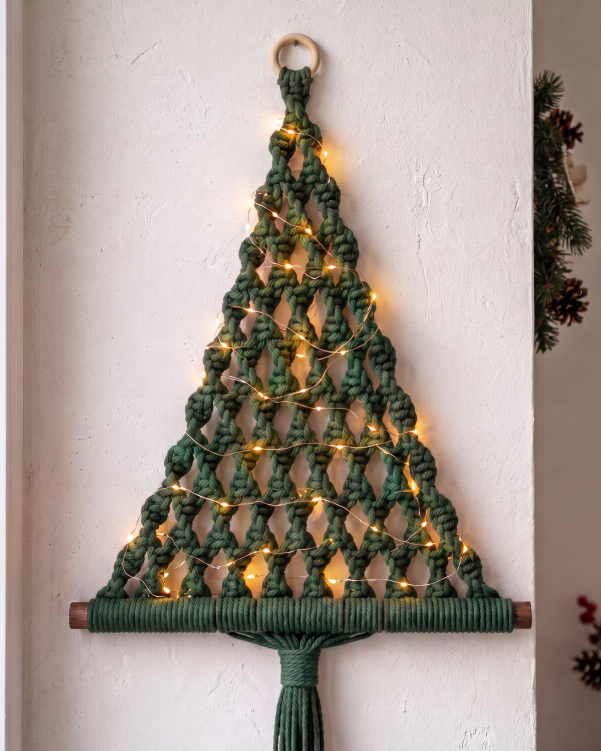20 Christmas Decorations to Make at Home in 2026 7 Green macrame Christmas tree wall hanging decorated with warm glowing fairy lights.
