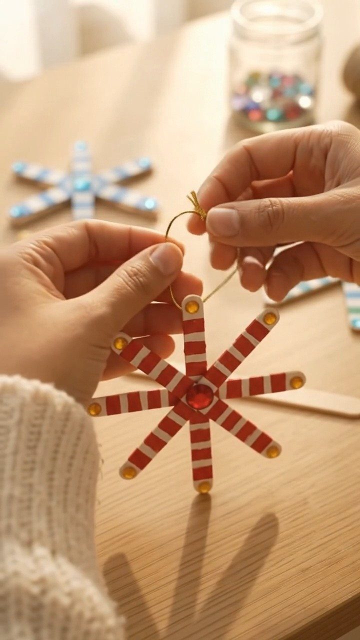 20 Christmas Decorations to Make at Home in 2026 4 Popsicle stick snowflake ornament with red and white stripes held by two hands.
