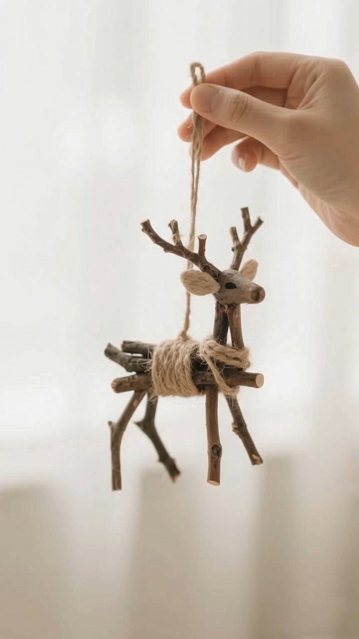 20 Christmas Decorations to Make at Home in 2026 17 Deer ornament made from small twigs and logs tied with rustic twine.