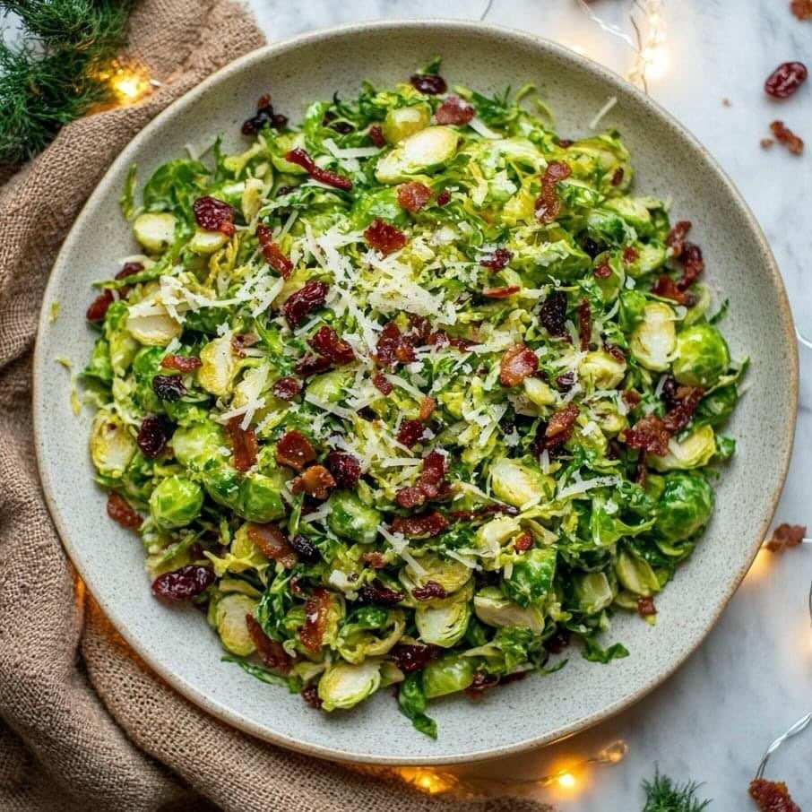 15 Christmas Dinner Party Ideas for a Festive Celebration 8 Brussels sprouts salad with dried cranberries, bacon, and cheese in a grey bowl.