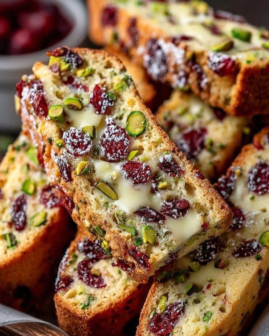 15 Christmas Dinner Party Ideas for a Festive Celebration 5 Stacked cranberry pistachio biscotti cookies dusted with powdered sugar on a wooden surface.