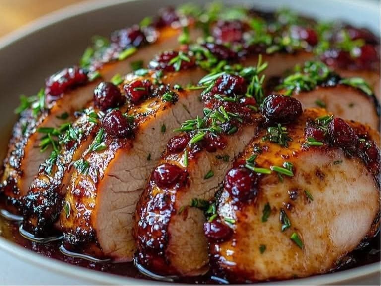 15 Christmas Dinner Party Ideas for a Festive Celebration 1 Sliced roasted turkey breast with a dark glaze, red cranberries, and fresh green herbs.
