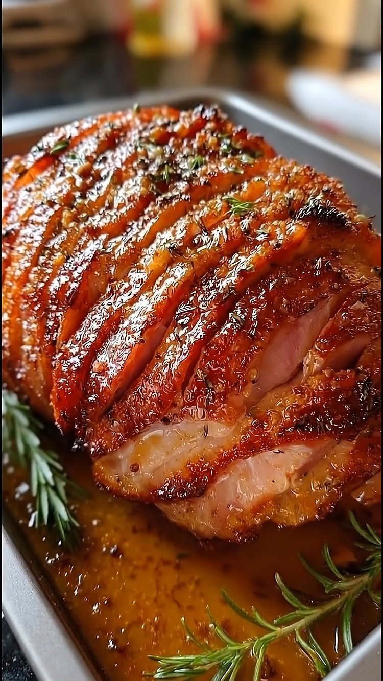 15 Christmas Dinner Party Ideas for a Festive Celebration 2 Glazed sliced ham in a roasting pan garnished with fresh rosemary sprigs