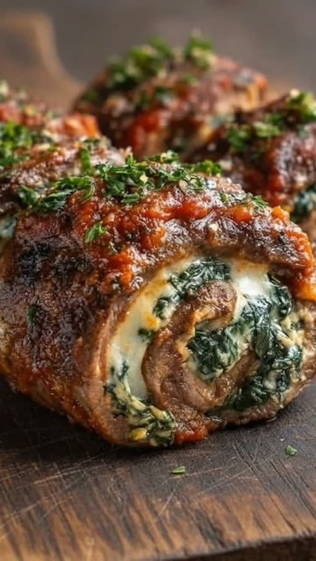 15 Christmas Dinner Party Ideas for a Festive Celebration 4 Stuffed beef roll with spinach and cheese filling topped with tomato sauce and parsley.