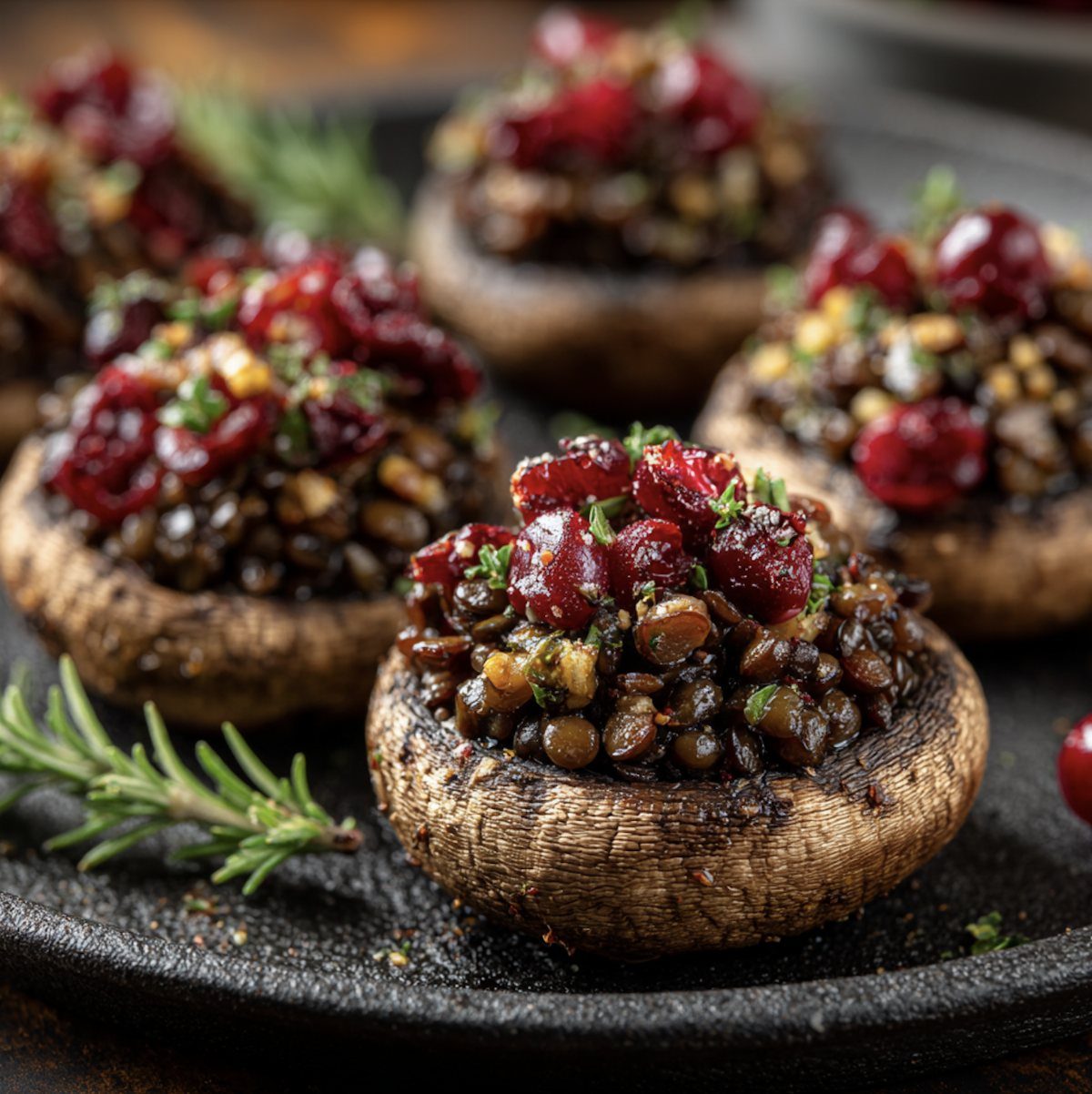 15 Christmas Dinner Party Ideas for a Festive Celebration 3 Stuffed mushrooms filled with lentils and topped with red cranberries on a dark platter.
