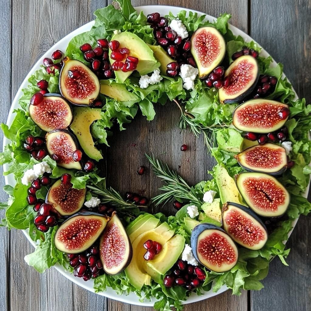 15 Christmas Dinner Party Ideas for a Festive Celebration 7 Wreath-shaped winter salad with figs, pomegranate seeds, and feta on a white plate.