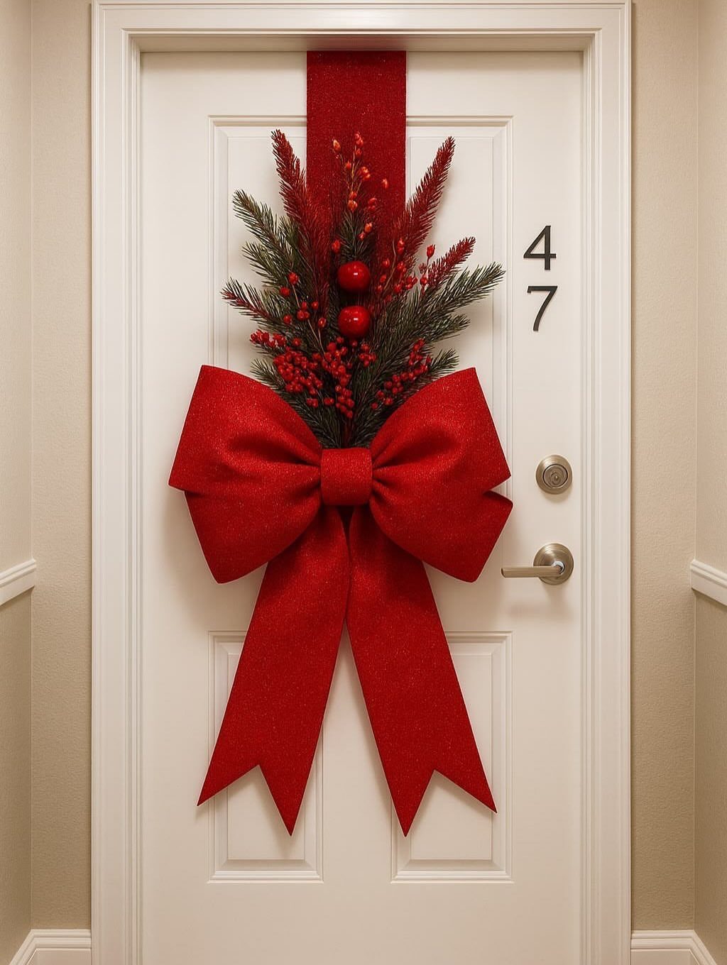 23 Christmas House Decorations Ideas for a Festive Home 15 Large red bow and festive greenery decorating a white front door with number 47