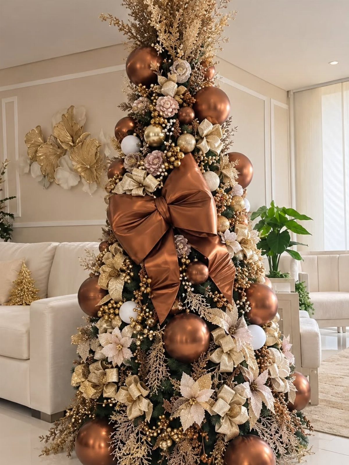 23 Christmas House Decorations Ideas for a Festive Home 23 Christmas tree decorated with metallic bronze and gold ornaments and a large satin bow.