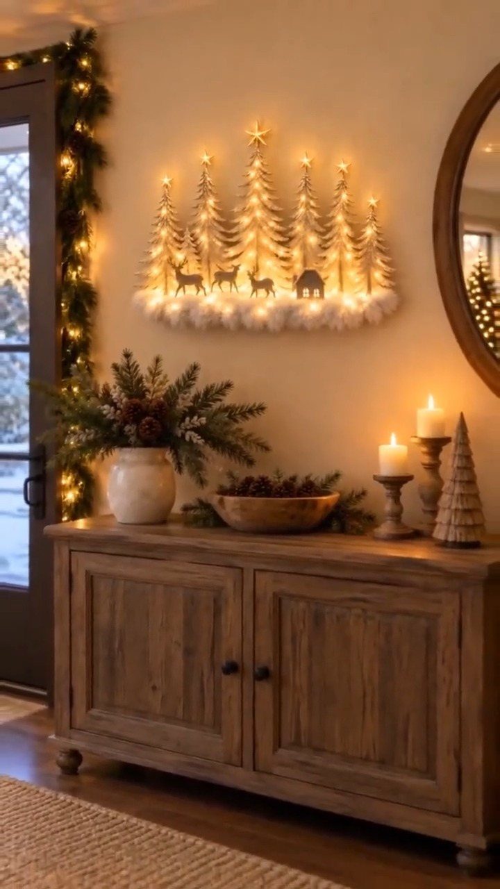 23 Christmas House Decorations Ideas for a Festive Home 5 Wooden sideboard with Christmas candles, pinecones, and a glowing wall-mounted winter forest scene.